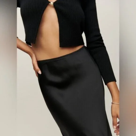 NEW Reformation Layla Silk Midi Skirt Elastic Waist in Black | US 4 UK 8 - Picture 2 of 10